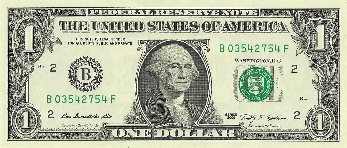 The front of a real US one-dollar bill